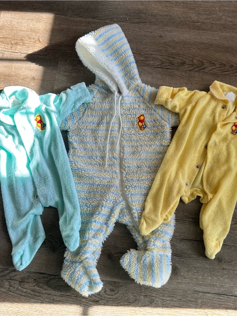 Vintage Winnie the pooh Blue & White Striped Plush Hooded One-Piece 3 piece 90s